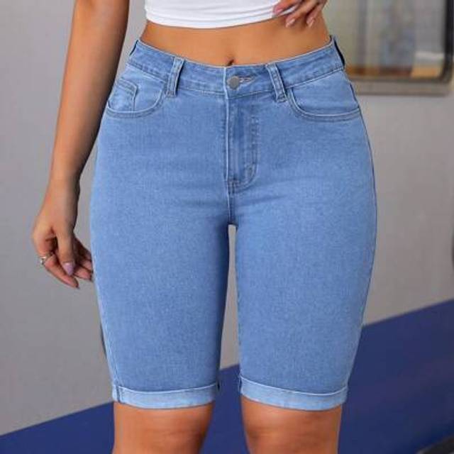 SHEIN Women&#39;s Mid-Waist Cuffed Trim Fitted Knee-Length Denim Shorts