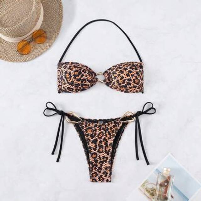 SHEIN Leopard Print Mesh Textured Fabric Metal Decor Bikini Set