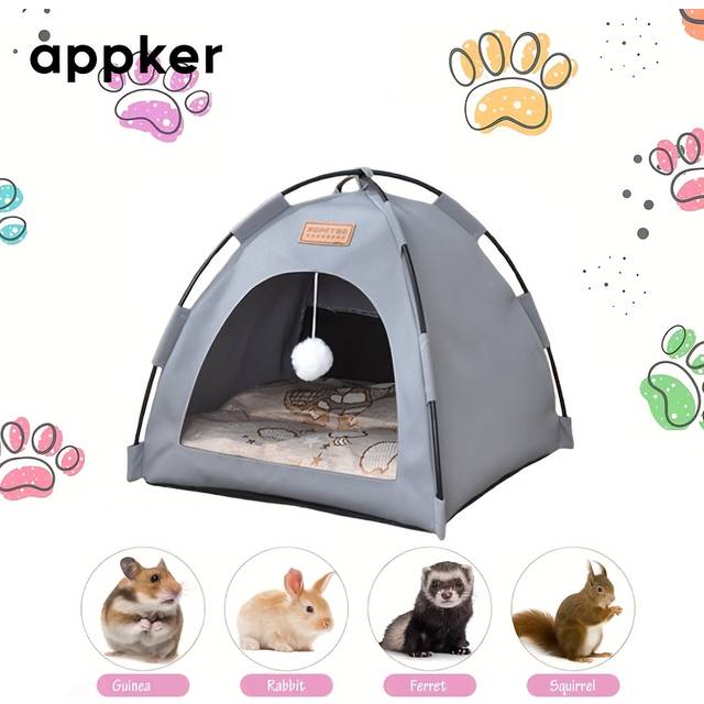 TEMU Appker Cozy Small Pet Tent With Plush Ball & Double-sided Cushion - Beige, Gray, For Hamsters, Rabbits, Squirrels, Hedgehogs & More, Outdoor Pet Tent | Tunnellike Design | Breathable Mesh Top