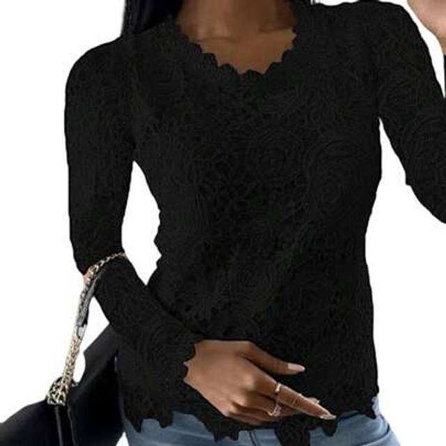SHEIN Dressy Tops For Women Lace Slim Fit Blouse Round Neck Solid Color Womens Long Sleeve Tops Casual Elegant Tunic Tops