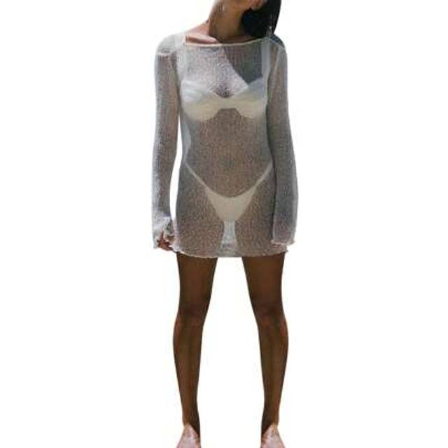 SHEIN Women Bikini Cover-Ups Solid Color See-Through Long Sleeve Backless Beach Knitted Mini Dress Swimwear Sunscreen Blouse