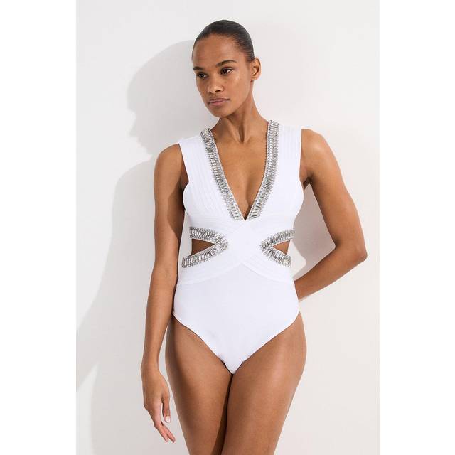 Embellished Trim Cut Out Swimsuit - White