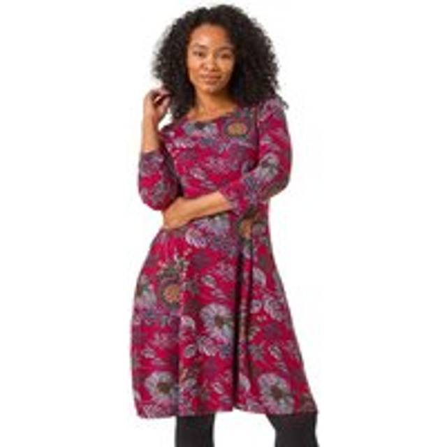 Floral Print A-Line Stretch Dress - Wine - 8