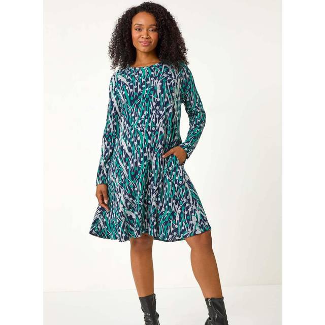 Spot Print Swing Stretch Dress - Teal - 8
