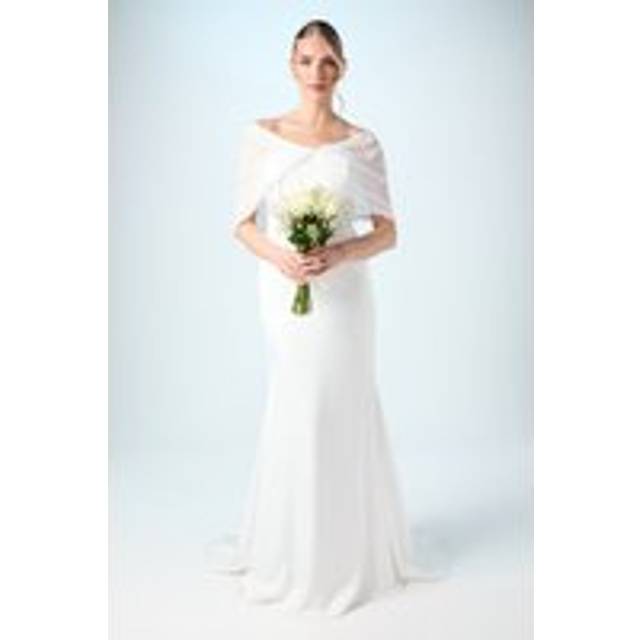 Chiffon Bardot Satin Maxi Wedding Dress with Drape Detail - Ivory - 12