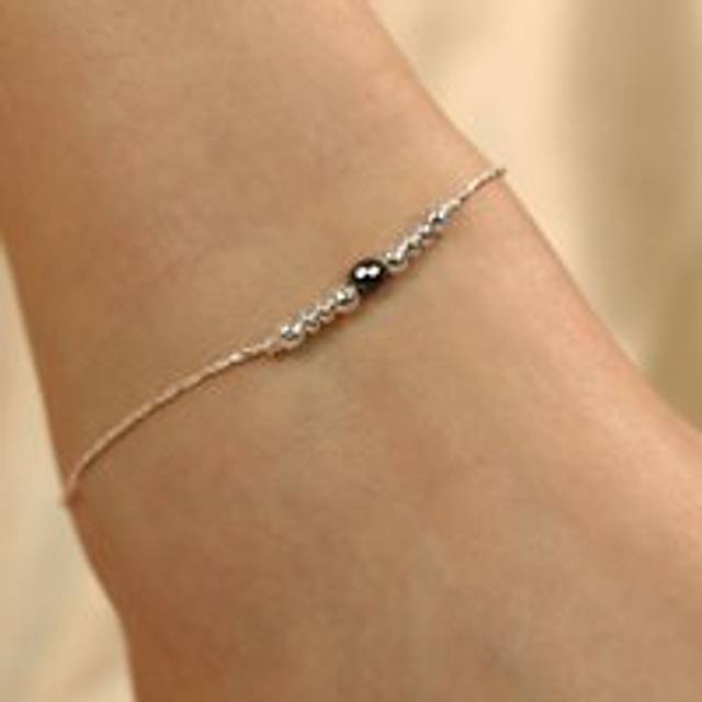 925 Silver Black Silver Round Ball Thin Dangle Payal Anklet - One Size