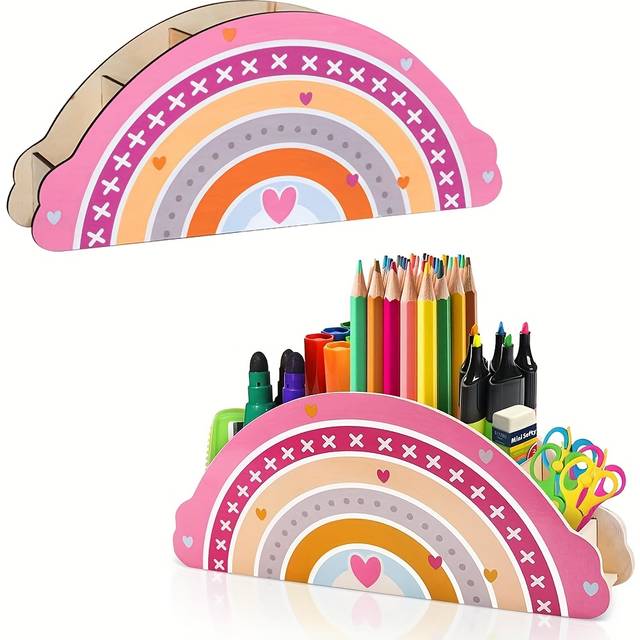 TEMU Rainbow Wood Desktop Organizer - Compact Pens, Pencils, Phone Holders And Makeup Brush Holders For Office, And Home Organizations, Office Supplies And Accessories Day Gift