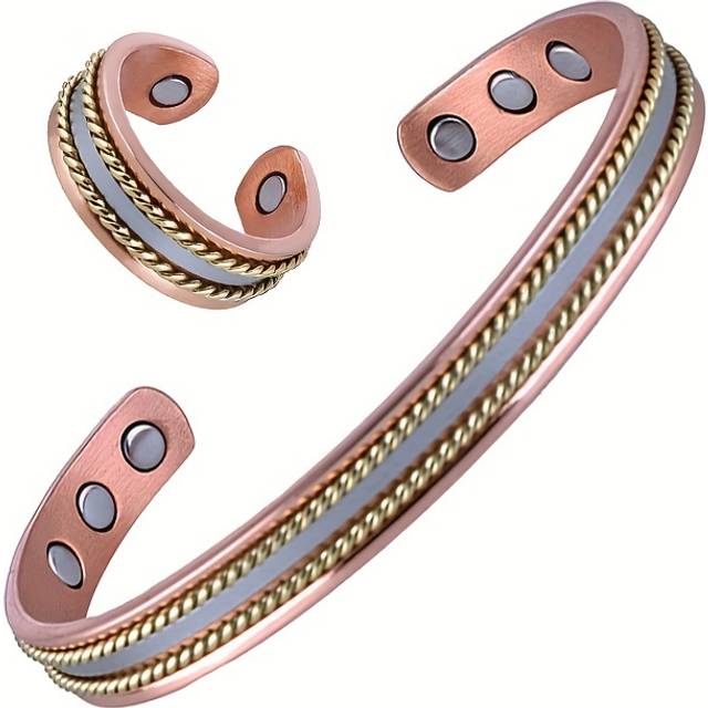 TEMU 1set Magnetic Copper Bracelet And Ring.adjustable Cuff Design Comfortable Wear. Perfect Accessories Jewellery