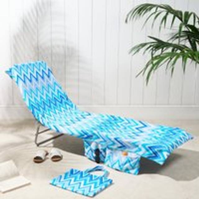 OHS Zigzag Print Beach Towel in a Bag - Blue