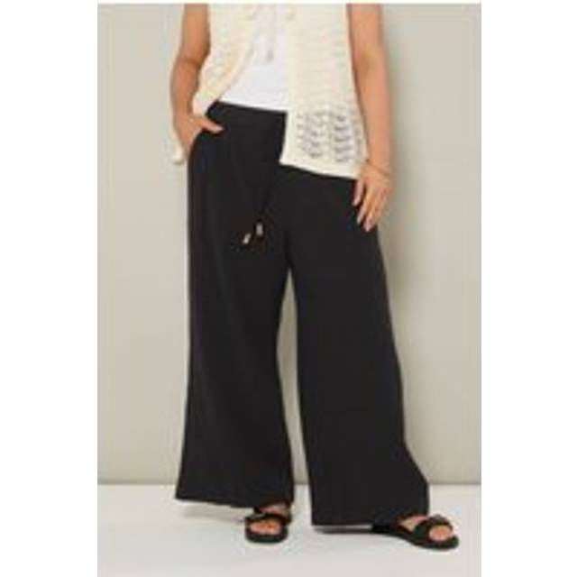 Yours Curve Black Cheesecloth Beaded Wide Leg Trousers, Women's Curve & Plus Size, Yours - 16