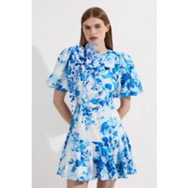 Floral Print & Applique Puff Sleeve Woven Mini Dress - Blue