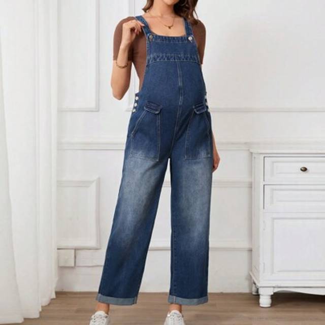SHEIN Maternity Casual Loose Denim Bib & Brace Jumpsuit With Pockets, Autumn