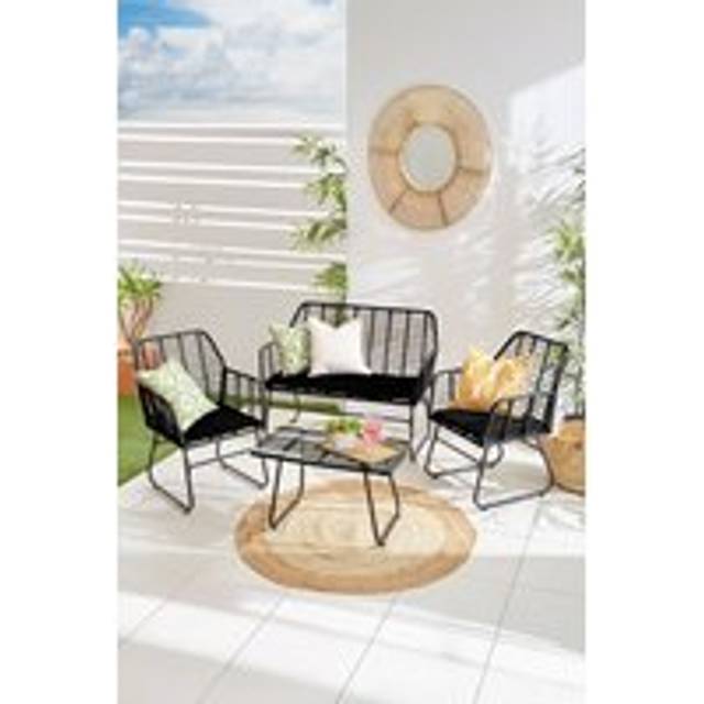 4 Piece Wicker Bamboo Style Garden Sofa, Table & Chairs Set - Black - One Size