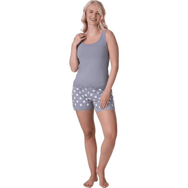 Lightweight 100% Cotton Plain Sleeveless Top Pyjama Set With Lace Detailing - Grey - 8-10