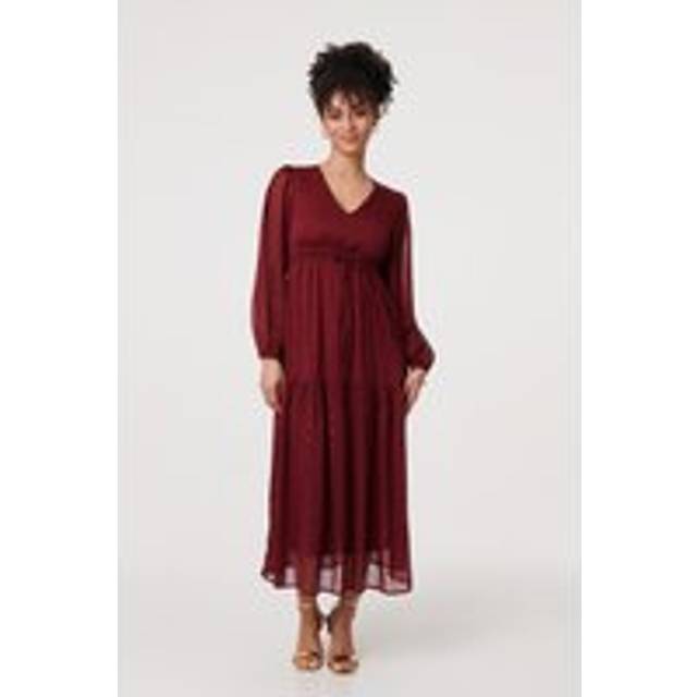 Sparkly Semi Sheer Long Sleeve Midi Dress - Red - 10