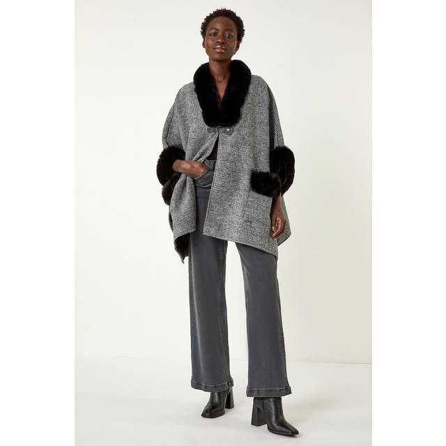 Roman Black Faux Fur Pocket Knit Cape - Size ONE