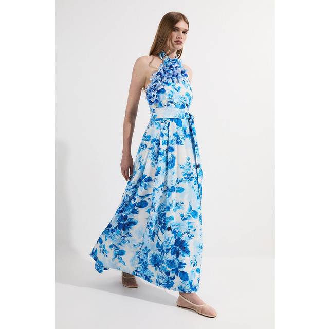 Floral Print & Applique Halter Neck Belted Woven Maxi Dress - Blue