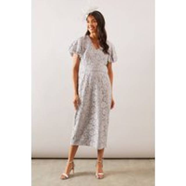 Womens Occasion Lace Pencil Midi Dress - Grey - 16