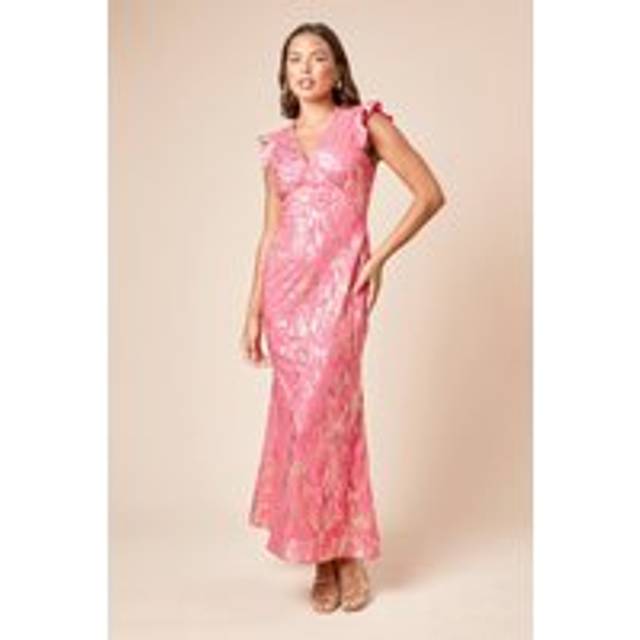 Womens DP Luxe Metallic Frill Shoulder Maxi Dress - Dusky - 8