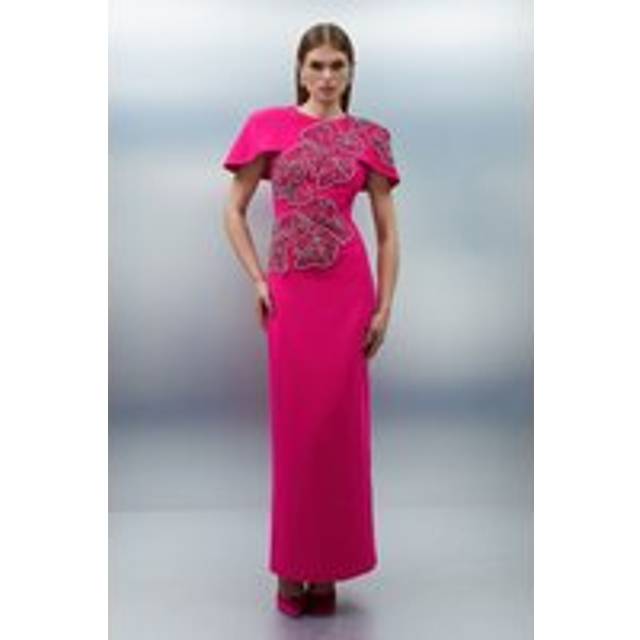 Placed Floral Crystal Embellished Tailored Cape Maxi Dress - Pink