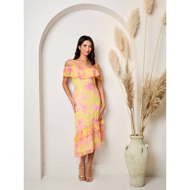 Off The Shoulder Frill Detail Midi Dress in Yellow - 16