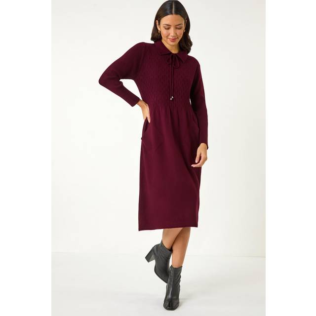Roman Wine Collared Neck Knitted Dress - Size ONE