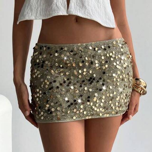 Aloruh Women&#39;s Glitter Sequin Mini Tight Fitting Mesh Low Waist Party Club Skirt