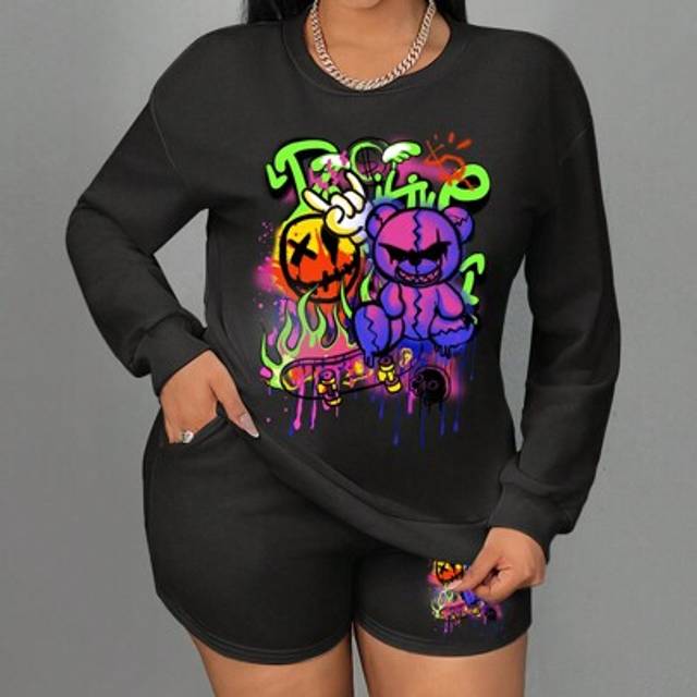 Slaydiva 2pcs Plus Size Women Casual Round Neck Letter & Cartoon Bear Graphic Long Sleeve Sweatshirt With Shorts Set, Suitable For Spring, Autumn & Winter