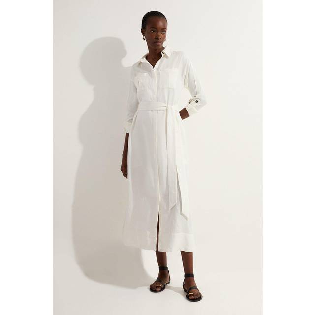 Viscose Linen Woven Belted Shirt Midi Dress - White