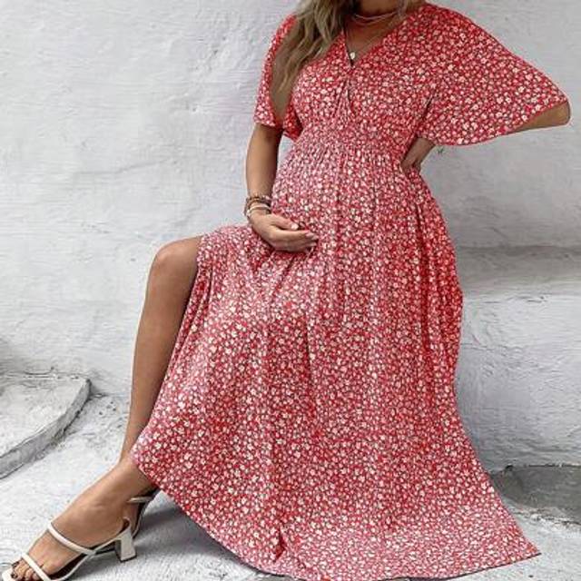 SHEIN Maternity Ditsy Floral Ruffle Trim Casual Short Sleeve Dress For Vacation