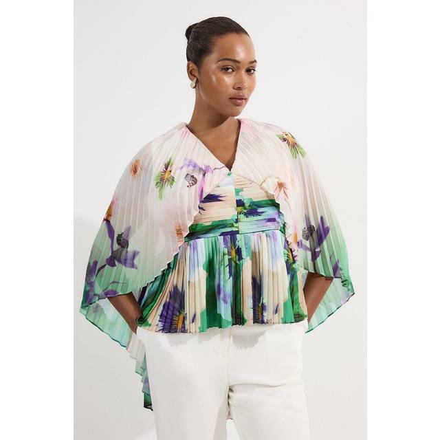 Plus Size Pleated Floral Cape Sleeve Plunge Neck Woven Top - Ivory