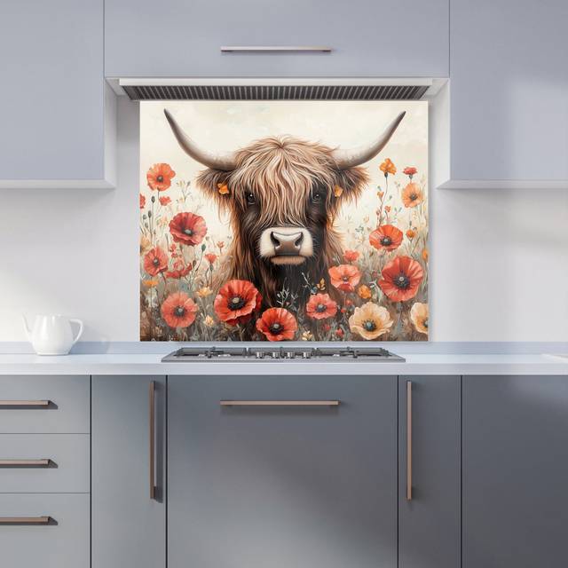 Warren Reed - Designer Highland Cow And Summer Flowers Kitchen Splashback W900Mm X H750Mm, Multi