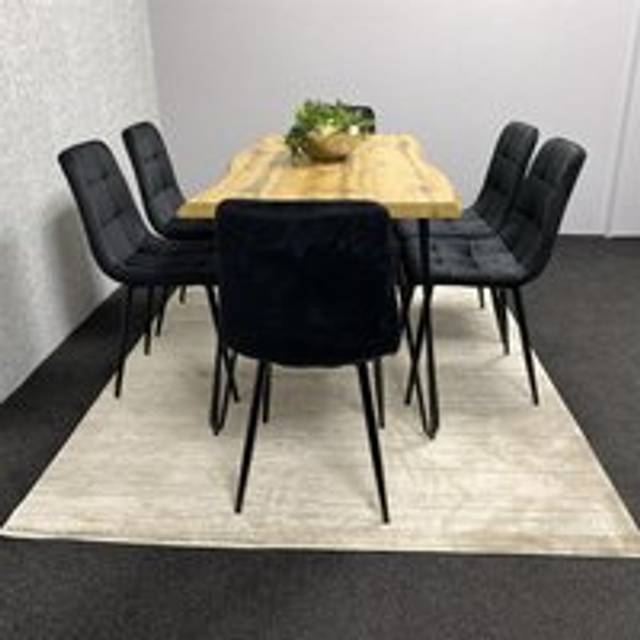 Wooden Dining Table and 2 Black Velvet Chairs and Grey Velvet Bench