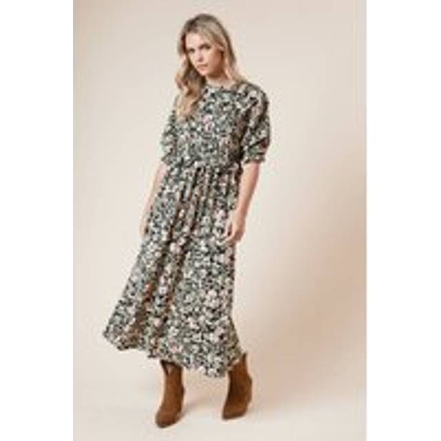 Womens Petite Puff Sleeve Floral Shirred Bodice Peplum Midi Dress - Pink - 12