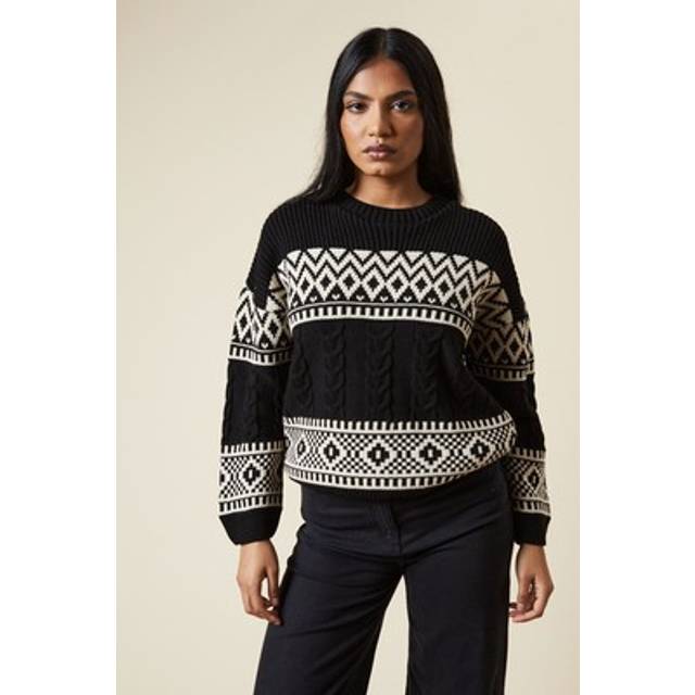Dorothy perkins womens jumper black petite patchwork fairisle crew neck