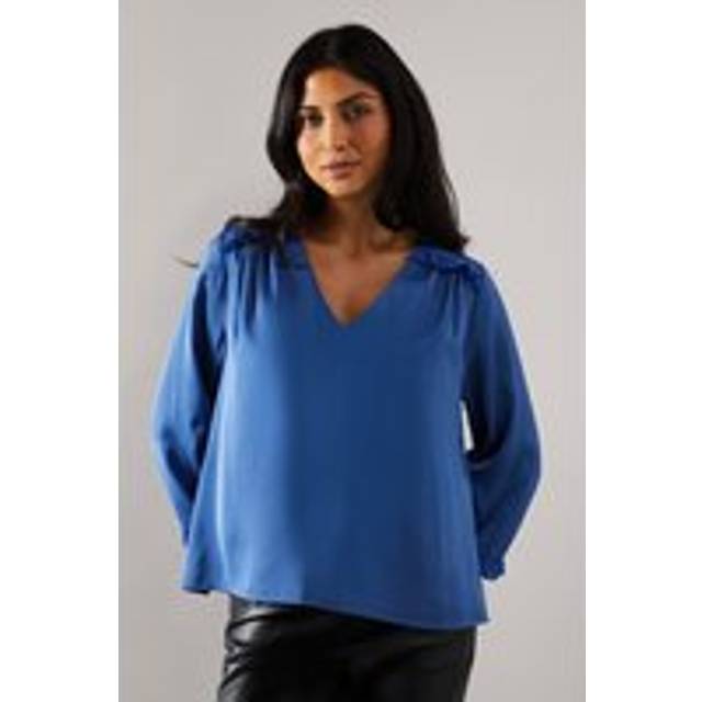 Womens Satin Flute Sleeve Frill Detail Blouse - Blue - 16