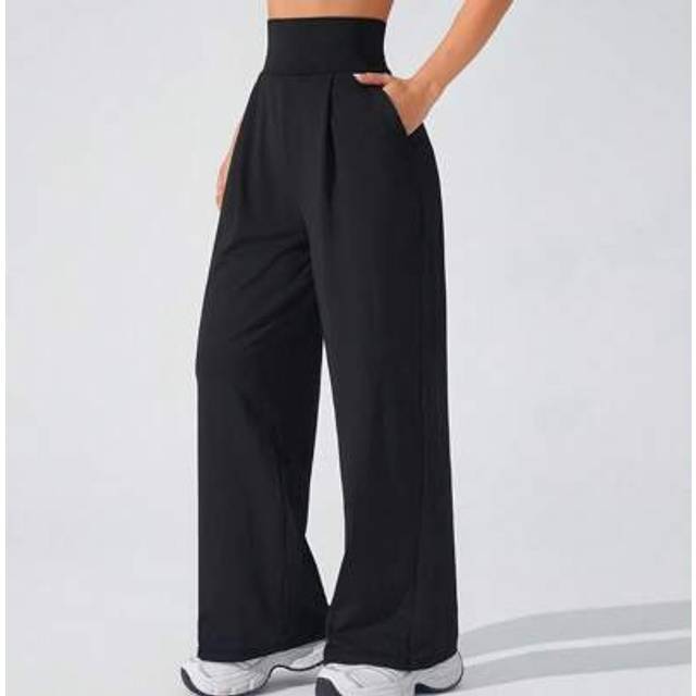 SHEIN Women&#39;s Solid Color High Waist Pleated Pocket Wide Leg Sports Pants