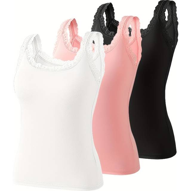 TEMU 3pcs Women's Lace Trim Camisole - Lightweight, Breathable Polyester Tank Tops In Black, White, Pink With Delicate Floral Lace Trim, No Padding, Casual Wear Or Homewear