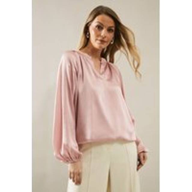 Womens Crinkle Satin Balloon Sleeve Blouse - Pink - 16