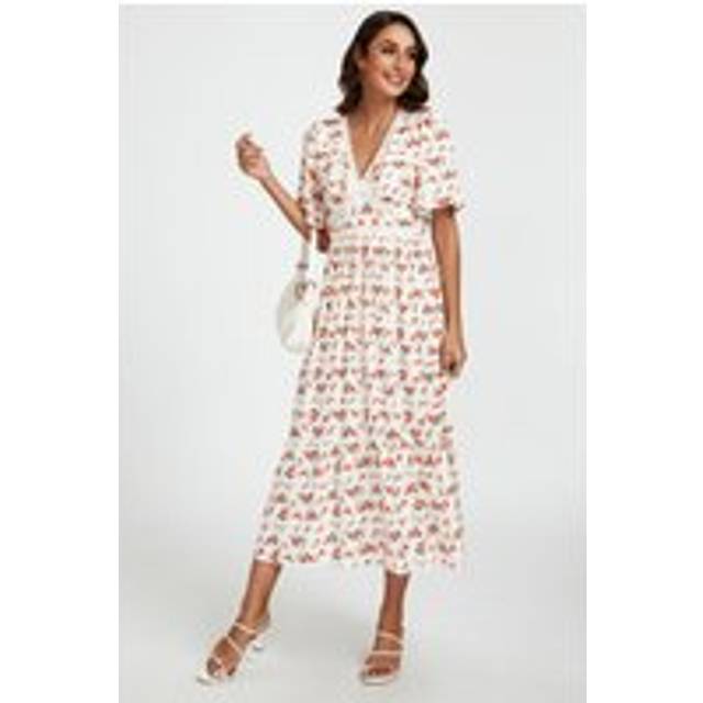 Fs Collection Red Floral Print Lace Detail Angel Sleeve Midi Dress In Cream In White - XS