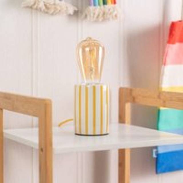 Small Ceramic Bedside Table Lamp White & Yellow Candy Stripe - One Size