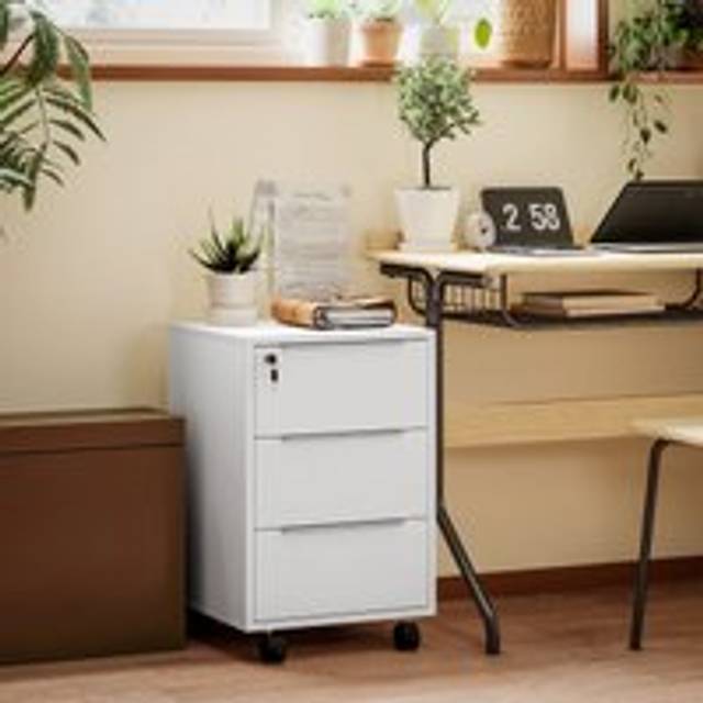 Homcom Modern 3-Drawer Locking File Cabinet Mobile Filing Cabinet White - One Size