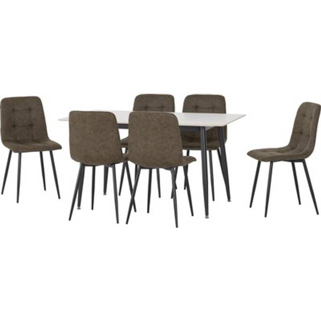 Seconique Fenton Dining Set (x6 Chairs) - White/Olive Green Suede Fabric, Green