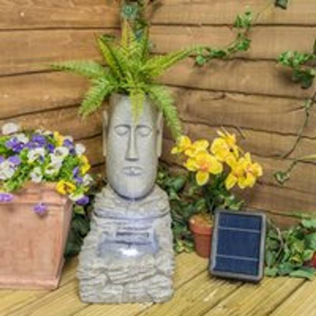 Easter Island Head Solar Powered Water Feature & Fountain Planter Lights 50cm - Stone - One Size