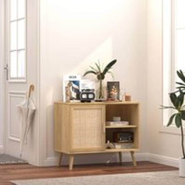 Sideboard 1 Rattan Door Front Open Shelving Cabinet Home Furniture