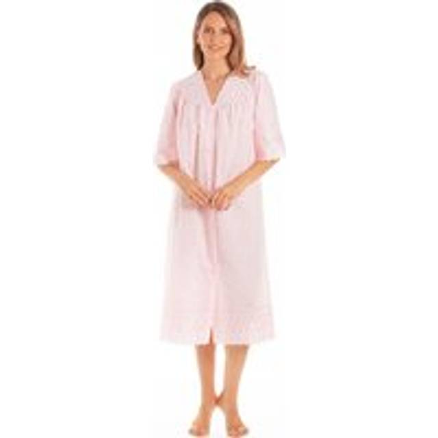 British Made Embroidery Anglaise Button Front Cotton Mix Nightdress - Pink - 14-16