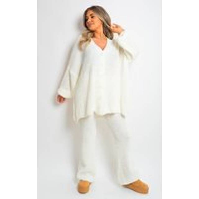 Emma Chunky Knitted Button Up Cardigan Wide Leg Trousers Co-ord Set - Cream - S/M