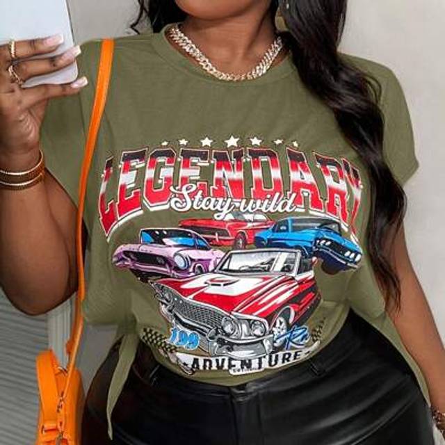 Slaydiva Plus Size T-Shirt With Crop Racer Graphics, Streetwear Style For Women