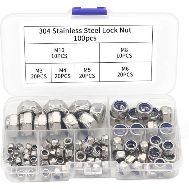 TEMU 100pcs Stainless Steel Lock Nut Assortment Kit M3 M4 M5 M6 M8 M10 Hex Nylon Insert Lock Nut Set
