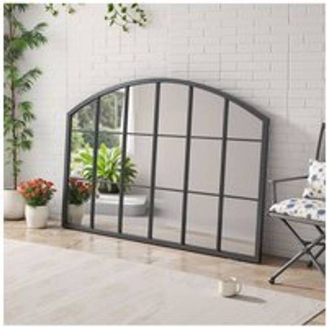 Modern Black Metal Arched Grid Decor Window Mirror, 110cm W x 70cm H - One Size